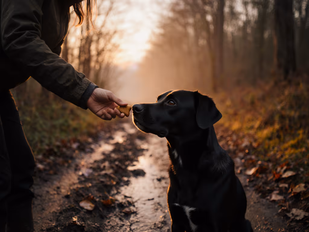 hand_offering_a_treat_to_dog_on_muddy_forest_trail_at_twilight